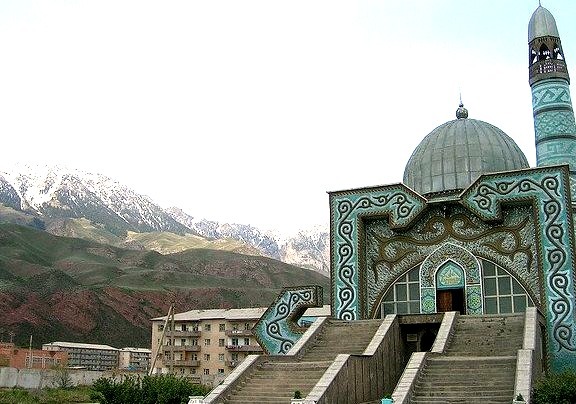 by hudson_jeremy on Flickr.Mosque near Tian Shan Mountains in Naryn, Kyrgyzstan.