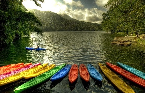 Colorful kayaks at Bulusan Lake, Luzon, Philippines
