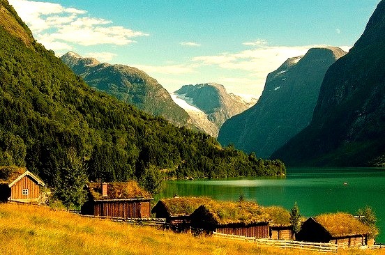 Houses on the shores of Lake Loen, Norway