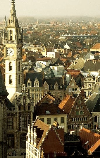 Guildhouses and clock tower in Ghent, Belgium
