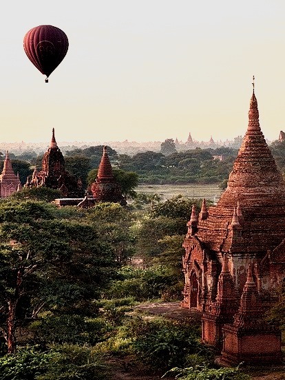 Hot air balloon above ancient temples of Bagan, Myanmar
